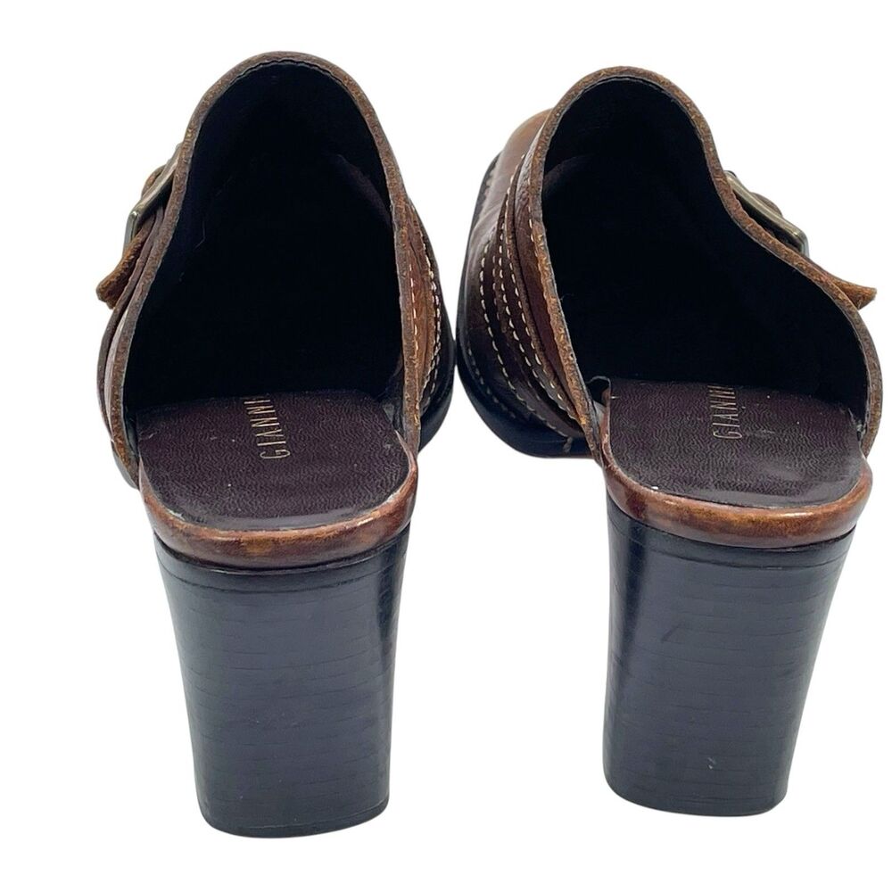 Gianni Bini | Brown Leather Buckle Accent Heeled Mules | Size 6 - Picture 4 of 7